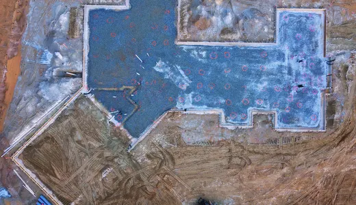 Aerial view of a finished house foundation slab