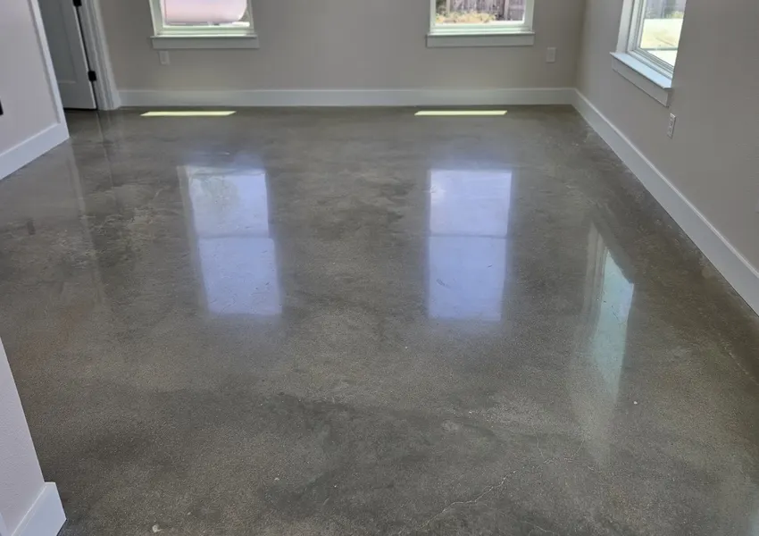 Polished stained concrete floor in a new home